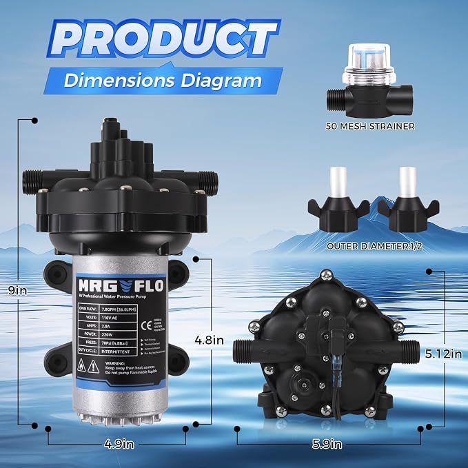 Upgraded 110V AC Fresh Water Pump, 7GPM 70PSI, Five Chamber Self-Priming Diaphragm Pump with Heavy Duty Pressure Switch & Strainer for RV, Marine，Home Water System, Irrigating & Industrial Settings