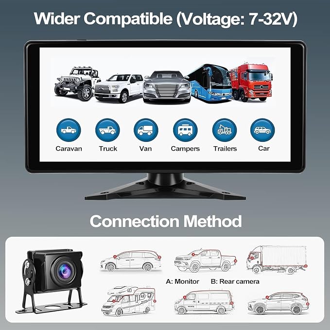 10.36" 4K RV Backup Camera System DVR Recording Quad Split Touch Screen Monitor, 4X 1080P Full Color Night Vision IP67 Waterproof, Parking Mode, Bluetooth, FM, 9-36V for RV Truck Trailer Tractor