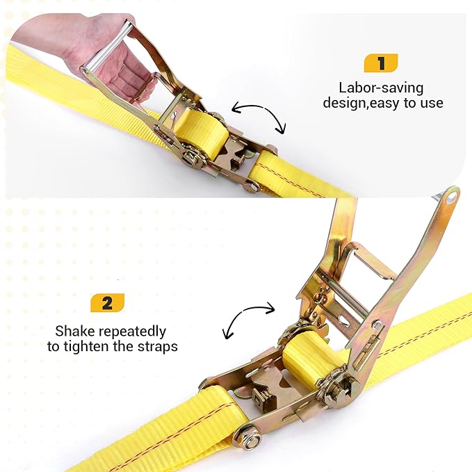 Heavy Duty 2" x 20' Ratchet Straps (4-Pack), 10,000 lbs Break Strength, High Visibility Yellow Tie Down Straps with Locking J-Hooks for Trailers, Trucks, Heavy Equipment, and Moving Appliances