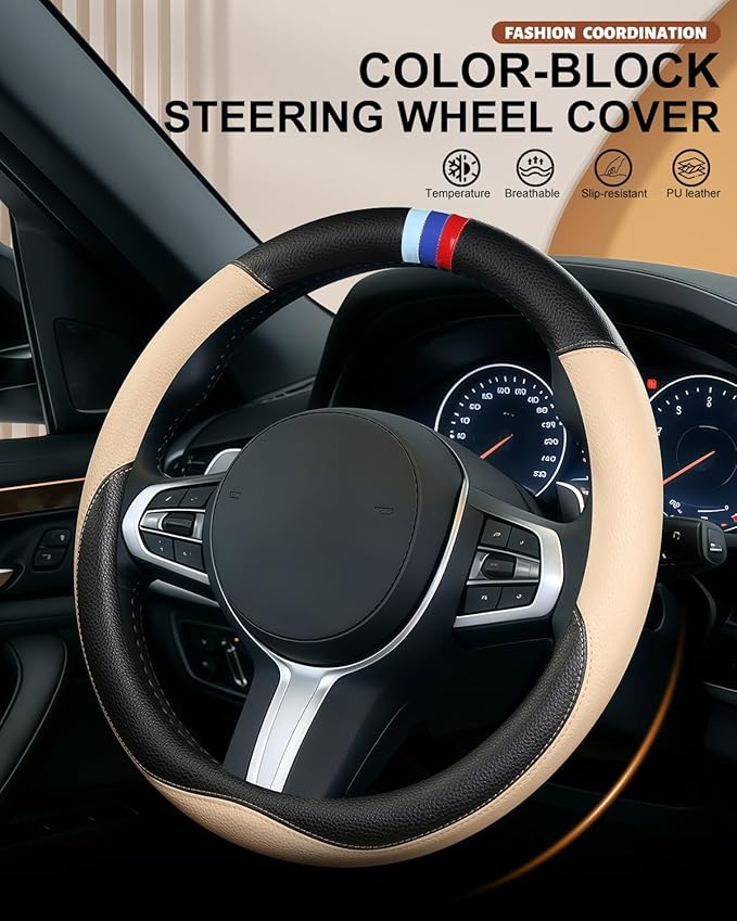 Customized Auto Car Steering Wheel Cover for BMW X1,X2,X3,X4,X5,X6,X7,i3,i4,i5,14.5-15 inch (Beige)
