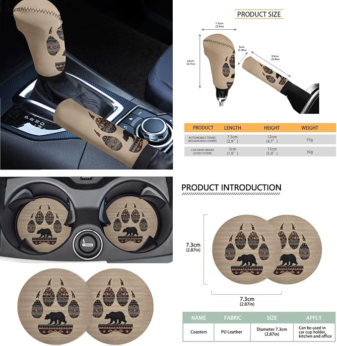 Animal Paw Print Car Seat Covers Set of 18 Aztec Bear Print Car Front Rear Seat Covers Headrest Protectors Steering Wheel Cover Safety Belt Pads for SUV Sedan, Easy to Install