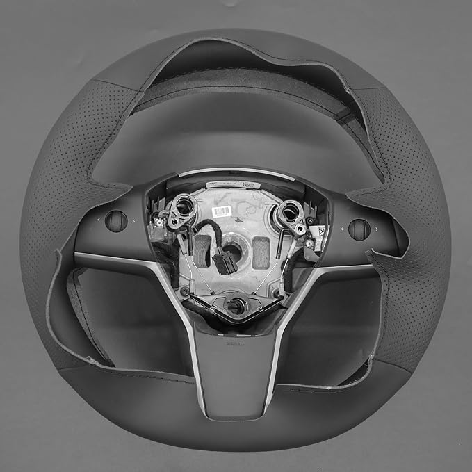 MEWANT Hand Stitch Black Genuine Leather Steering Wheel Cover Wrap for Tesla Model Y 2020-2023 Model 3 2017-2023
