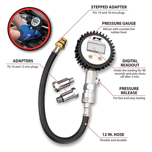 Performance Tool W89747 Digital Compression Tester - Accurate Diagnosis for Engine Performance, 300 PSI Gauge, Quick Disconnect Fitting, Stepped Adapters, Auto Shut-Off, Battery Included
