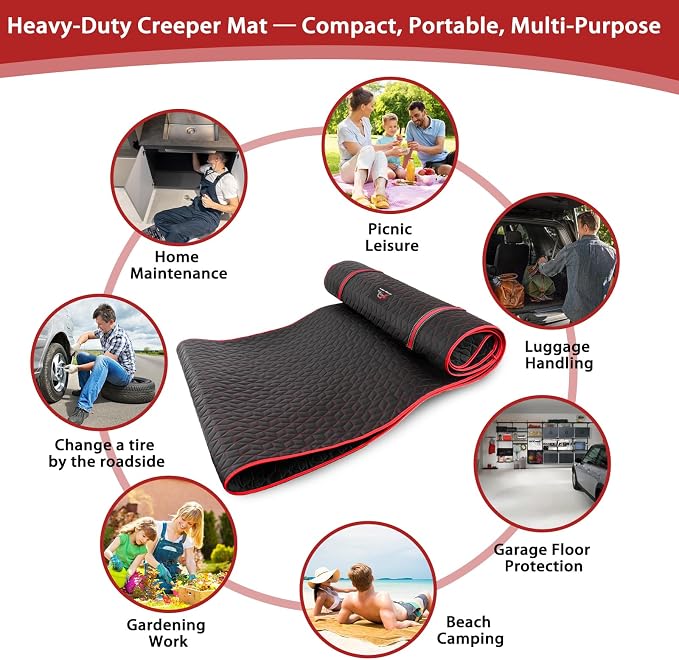 Upgraded Rolling Creeper Mat for Mechanics, 60 x 28 in Padded Automotive Work Mat for Cars, SUVs & Pickup Trucks, Red