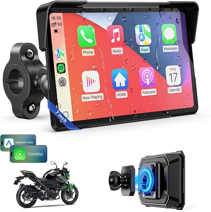 WonVon 7 Inch Wireless Motorcycle Carplay GPS Navigation System with Apple Carplay and Android Auto Portable Screen with Dual Bluetooth, Navigation, Siri, Google Assistant with Magnetic Mount