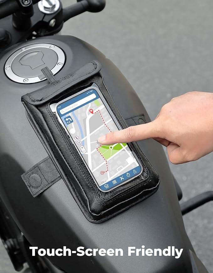 KEMIMOTO Magnetic Tank Bag Phone Case, PU Leather Water-Resistant Motorcycle Phone Holder, Breathable Adjustable Case for Touch Screens up to 6.9 Inch
