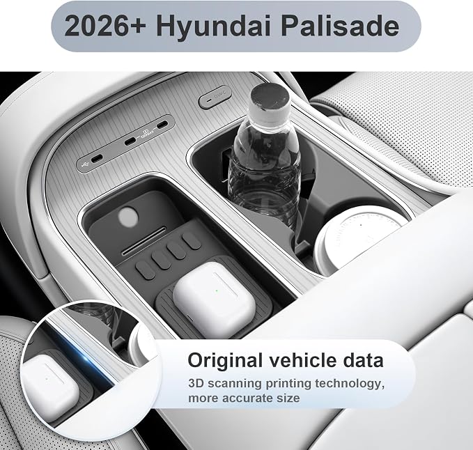 SKTU 2Pcs for 2026 Hyundai Palisade Wireless Charging Mat 2026+ Palisade Center Console Non-Slip Pad & Cup Holder Hyundai Palisade 2026 Accessories 2026 Palisade Rubber Console Mat Cup Holder Durable
