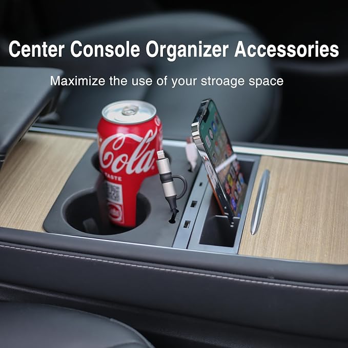 Center Console Organizer for Tesla 2021-2023 Model 3/Y Car Multi-Port USB Hub Charging Adapter USB Cable Organizer Cup Holder Pad for Tesla Accessories (3PCS)