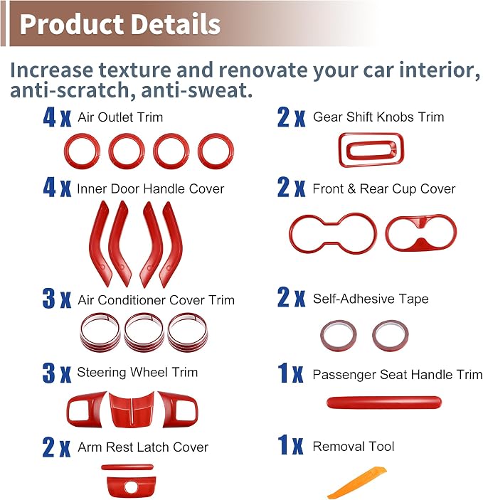 Decoration Set of 21 for Center Console Steering Wheel Air Outlet Door Handle Cover for Jeep Wrangler JK JKU 2011-2018 2-Door 4-Door Interior Trim Accessory Red