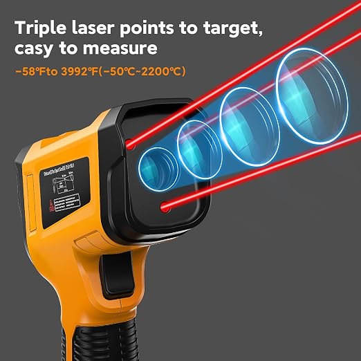 -58°F to 3992°F Infrared Thermometer Gun,Triple Laser, 50:1 D/S | Built for Foundries, Furnaces & Metal Casting • 3992°F High-Temperature Range • Data Logging