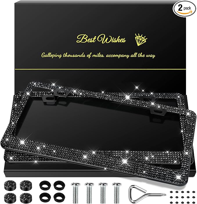 QUANQIUFEI 2 Pack Bling License Plate Frames for Women, Sparkly Rhinestone Diamond Car Accessories with Glitter Crystal Caps (Black)