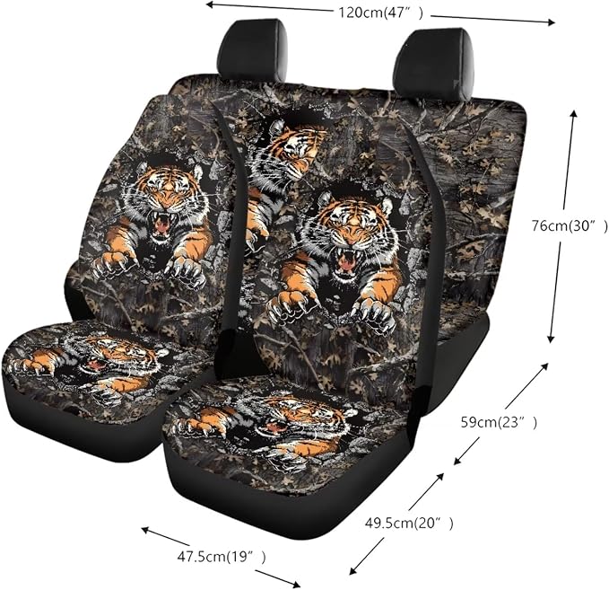 Tiger Forest Camo Print Car Seat Covers Full Set, Auto Interior Accessories Pack of 13, Steering Wheel Cover + Wear Resisting Seat Belt Covers + Washable Cup Holder Coasters for Women Men