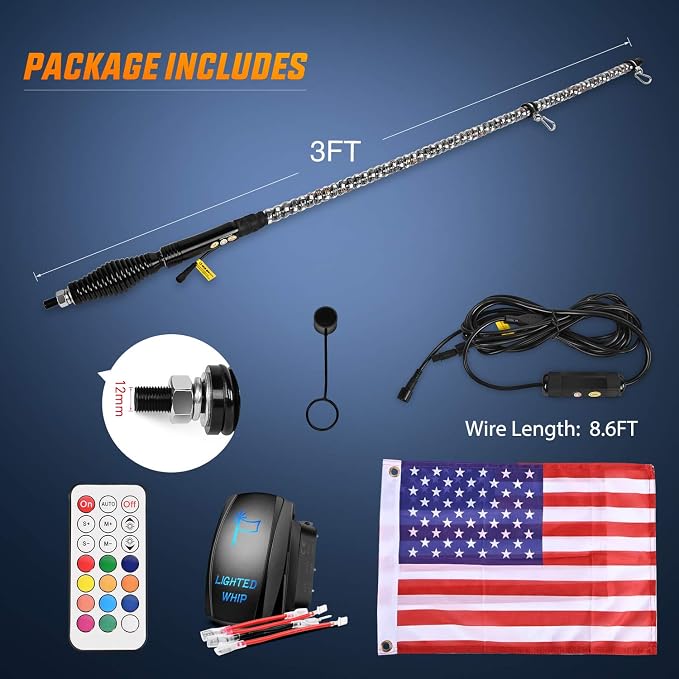 Nilight 1PC 3FT Spiral RGB Led Whip Light with Spring Base Chasing Light RF Remote Control Lighted Antenna Whips for Can-Am ATV UTV RZR Polaris Dune Buggy Offroad Truck, 2 Years Warranty