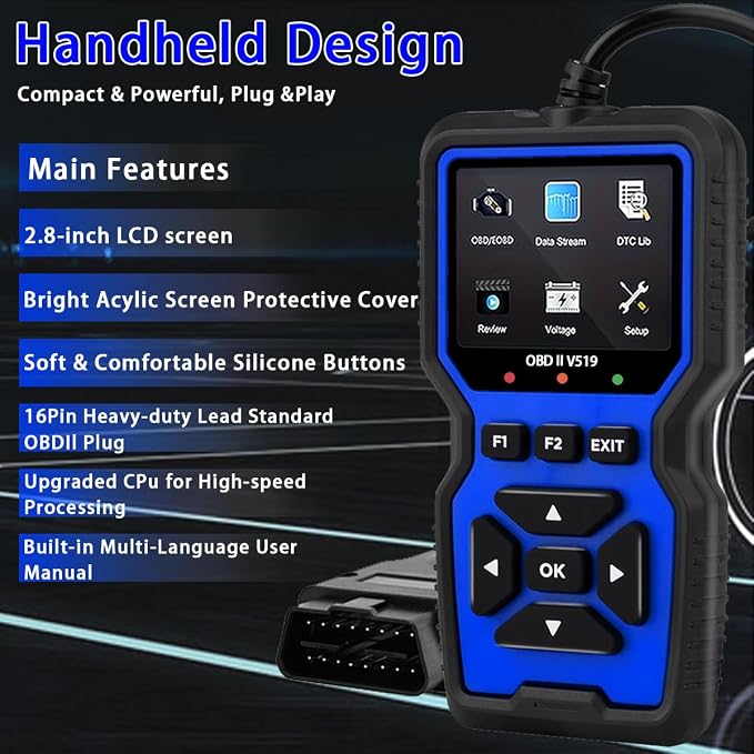 V519 OBD II Car Scanner, Diagnostic Error Finder, Fault Code Detection and Real-Time Data Stream, Compatible with All OBD II Protocol Vehicles from 1996+