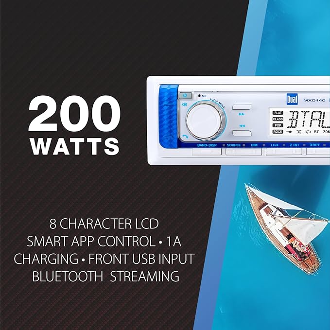Dual Electronics MXD140 Marine Stereo with Built-in Bluetooth | Single DIN 8-Character Sunlight-Readable LCD Display | AM/FM Stereo Receiver | USB Port with 2.1 A Charging | White