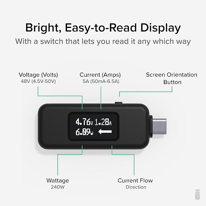 Plugable USB C Power Meter Tester for Monitoring USB-C Connections up to 240W - Digital Multimeter Tester for USB Type C Cables, Laptops, Phones, Chargers - Driverless