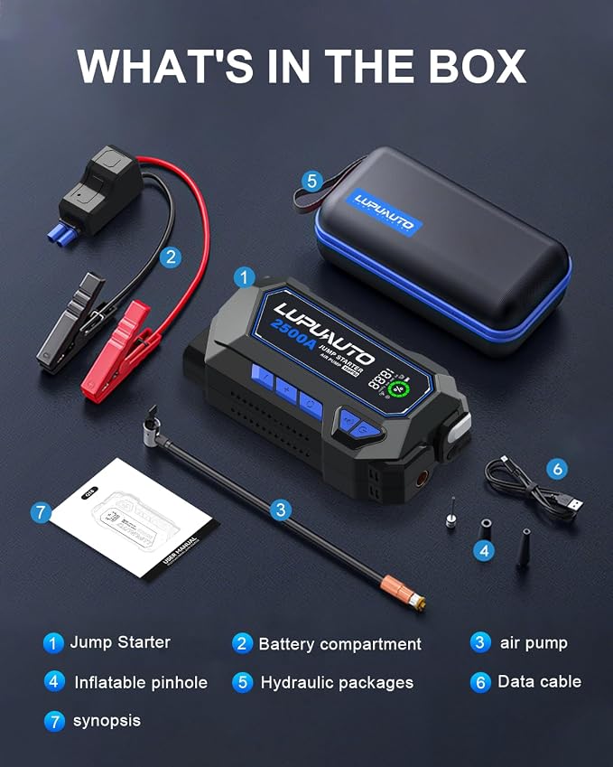 2500A Jump Starter with 150PSI Air Compressor 12V Battery Box Jumper Pack | 7.5L Gas, 5L Diesel, Low Voltage Forced Start, LCD Display, 400LM Emergency Flashlight