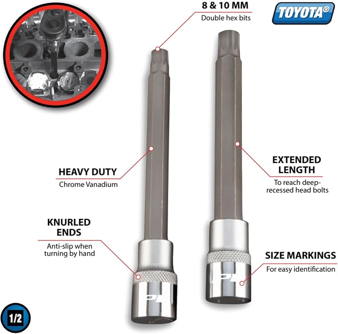 Performance Tool W83184 Extra-Long Triple Square Bit Set for Toyota Engines - 2 Piece, 8mm and 10mm Sizes
