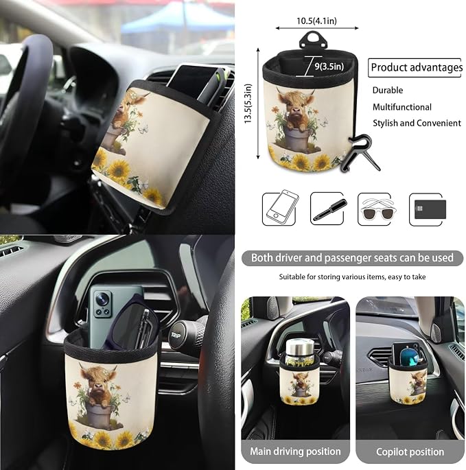 Wanyint Highland Cow Sunflower Car Front Back Seat Covers Full Set, with Car Steering Wheel Cover Safe Belt Pads Coasters Garbage Can Rear View Mirror Cover Keychain Air Vent Storage Holder, Set of 15