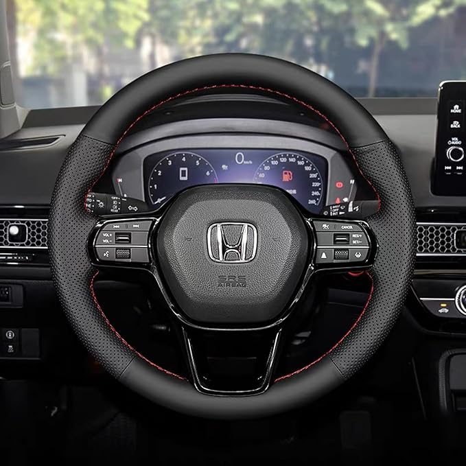 Hand-Stitched Steering Wheel Wrap for 11th Gen Honda Civic 2022 Interior Steering Wheel Protection Skin Cover Accessories (Black Leather)