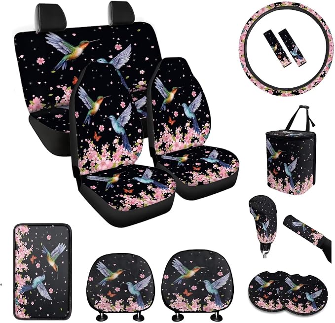 BIGCARJOB 15 Pcs Car Interior Sets for Women Car Seat Protector Vehicle Bucket Seat Cover Full Set 1Hummingbird Cherry Floral Print Trash Can Car Seat Headrest Pillow Cover Seat Belt Pads