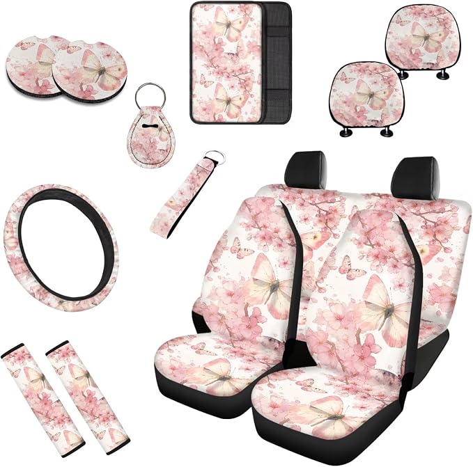 Full Set 10 Pcs Peach Blossom Butterfly Car Seat Covers, Spring Peach Blossoms Automotive Rear Front Seat Protector, Butterflies Aesthetic Steering Wheel Cover