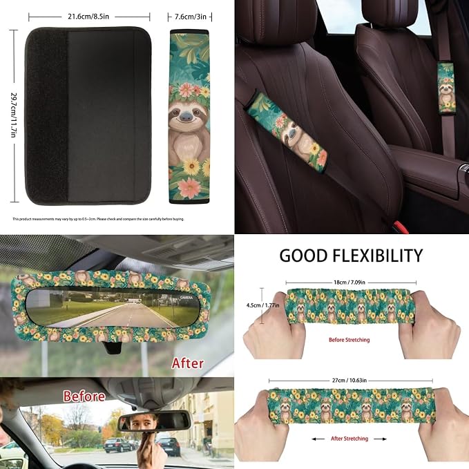 Suobstales Cute Sloth Print Car Accessories Car Seats Cover Protector, Flower Leaf Steering Wheel Covers, Seatbelt Cover, Car Trash Can, Cup Coasters, Rearview Mirror Cover, Keychains, Pack of 13