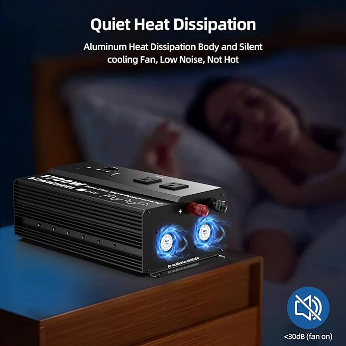 SUNWHEEL 1700W 24V Pure Sine Wave Inverter, 24V DC to 110V/120V AC Power Inverter for RV、Off Grid、Truck、Power Outage with 4 AC outlets and LCD Display