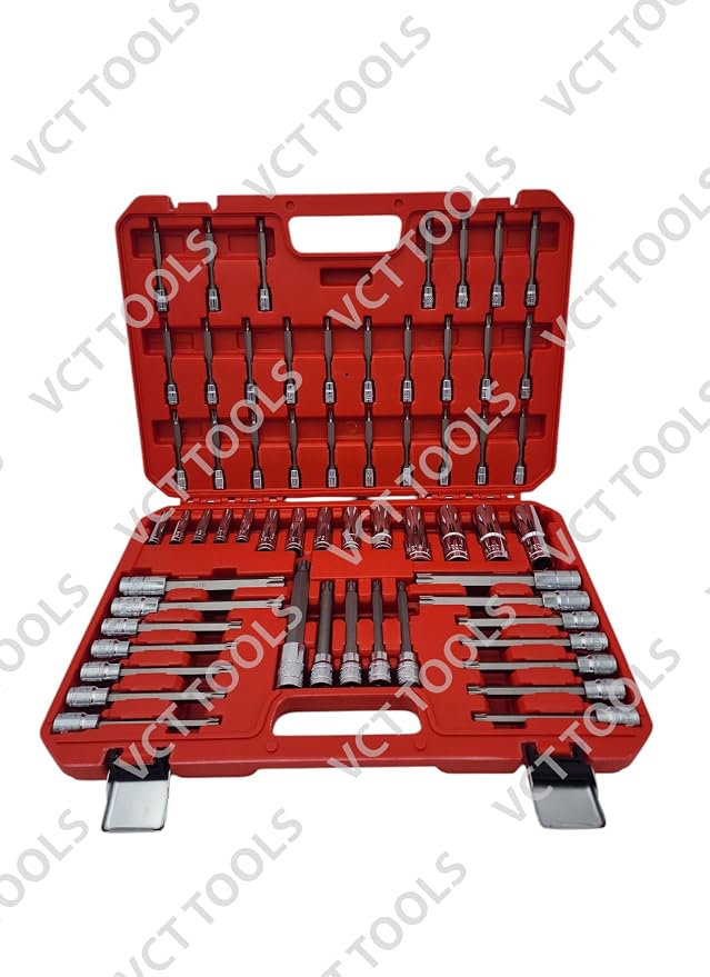 VCT 60PC Master Deep Long 6-Point Star Plus Socket Bit, Tamper Proof, Torx, and External Star/E-Torx Deep Socket Set