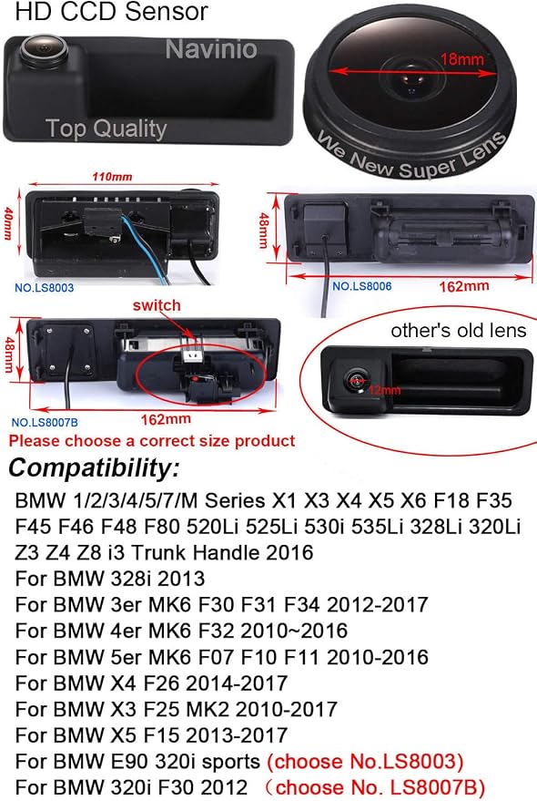 HD IP68 170° Rear View Reverse Trunk Handle Backup Camera Compatible with BMW F18 F35/F45 F46 F48 F80 520Li 525Li 530i 535Li 328Li 320Li/Z3 Z4 Z8 i3 /328i/F30 F31 F34 F32/F07 F10 F11/F26/F25/F15