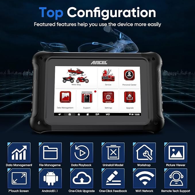 ANCEL MT700 7" Motorcycle Diagnostic Scanner, Professional Full System Powersports Scan Tool for BMW Ducati KTM Triumph Aprilia Harley Honda Yamaha, 35+ Service Functions, Active Test & ECU Diagnostic