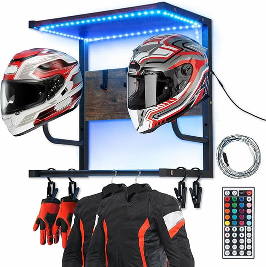 Motorcycle Helmet Rack Wall Mount with Light, Black & Steel Motorcycle Helmet Rack with RGB Light, Waterproof Heavy Duty Helmet Display Shelf for Jackets, Gear & Motorcycle Accessories Storage