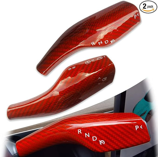 Carbar Gear Shift Cover for Tesla Tesla Model 3 Carbon Fiber Model Y Accessories Steering Wheel Lever Cover Real Carbon Fiber Gear Column Shift Collars (2Pcs Red Glossy Carbon Fiber)