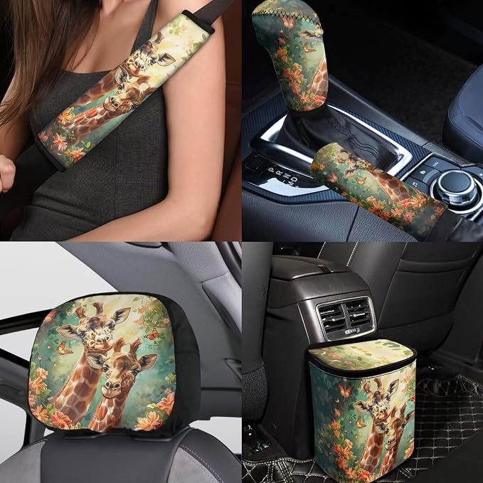 BIGCARJOB Animal Giraffe Car Seat Cover Set for Front and Rear,15 Pcs Funny Car Seat Interior Accessories Full Set with Seat Belt Pads,Car Seat Head Rest Protective Cover,Auto Garbage Bag