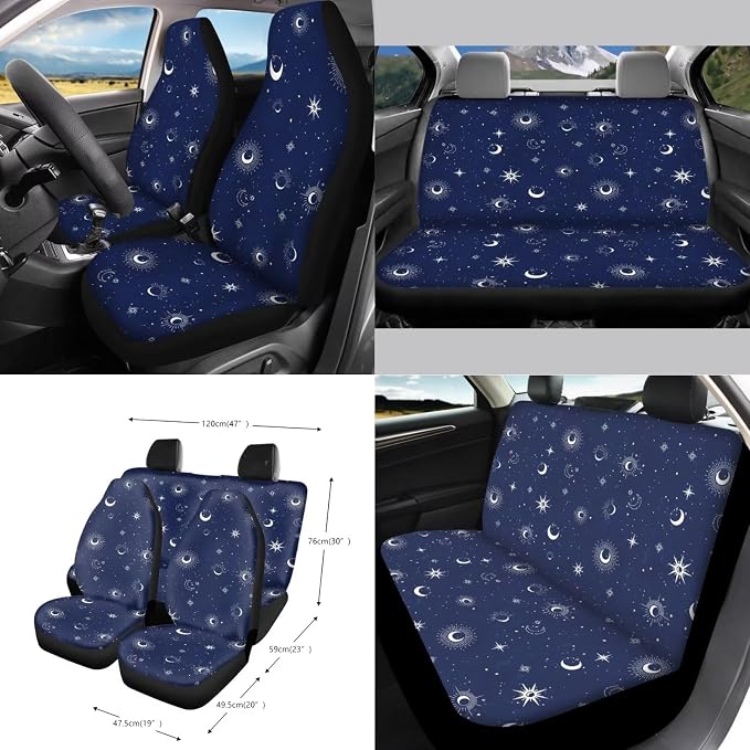 Wanyint Sun Moon Star Car Seat Covers Front Rear Split Bench Full Set Steering Wheel Cover Seat Belt Pads Coasters Trash Bin Hanging Storage Bag Cup Holders Rearview Mirror Cover Key Ring, 15 PCS