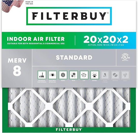Filterbuy 20x20x2 Air Filter MERV 8 Essential Dust & Allergy Defense (1-Pack), Electrostatic Pleated HVAC AC Furnace Filters Replacement (Actual Size: 19.50 x 19.50 x 1.75)