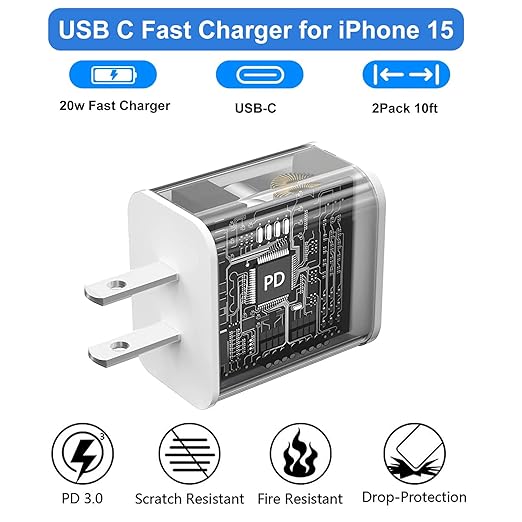 iPhone 17 16 15 Charger Fast Charging, 2Pack 20W Apple USB C Charger Block Plug Brick 10FT USB C to USB C Cable Cord Compatible with iPhone 17e/17 Pro Max/17/16Pro Max/16/15 Plus/15, iPad Pro/Mini/Air