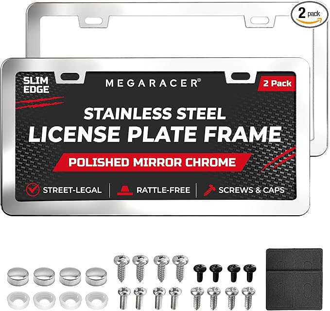 Polished Mirror Chrome Silver Thin License Plate Frames – 2 Pack, Car Wash Proof Stainless Steel, Rust-Free, Rattle-Free, Street Legal, Slim 2 Hole with Screw Caps, Metal Front & Rear Car Tag Holders
