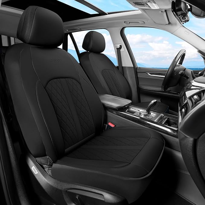 Coverado Universal Leather Seat Covers Front Seats, 2-Pack Seat Covers for SUV, Pickup Truck, Sedan, Automotive Vehicle Interior, Waterproof and Durable All Weather Protector，Black