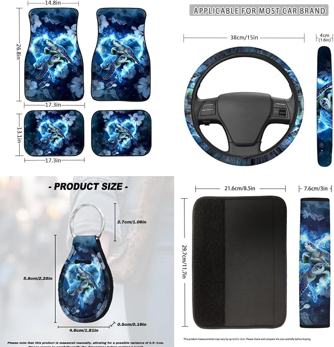 Sea Turtle Print Car Interior Accessories Set of 18, Car Seat Covers Full Set for Women, Auto Steering Wheel Cover Floor Mats Armrest Pad Seat Belt Pads Roof Cup Coaster Handle Wraps Keychains