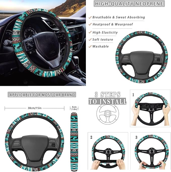 Dreaweet Aztec Car Seat Covers Full Set Native American Dreamcatcher and Horse Seat Covers with Steering Wheel Cover,Armrest Pads,Seat Belt Pads,Coasters,Gear Shift & Handbrake Cover,Universal Fit