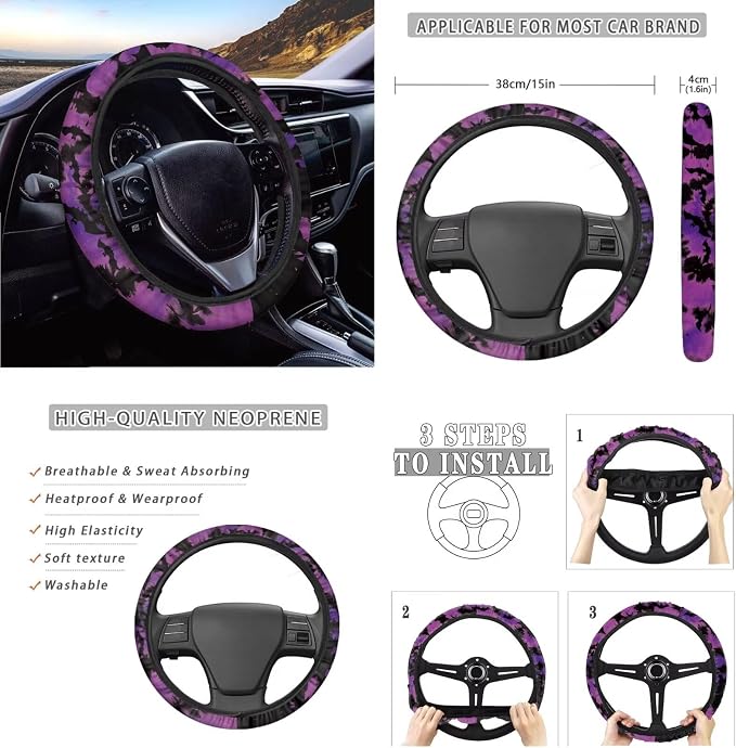 Halloween Bat Car Seat Covers Full Sets 12Pcs Tie Dye Bat Car Steering Wheel Covers+Coaster+Keychain+Armrest Pads for Women Men，Universal Fit Automotive Interior Sets Halloween Decoration