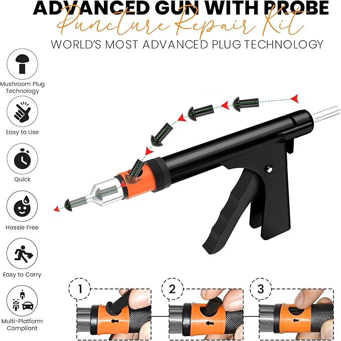 GRAND PITSTOP Tubeless Tire Gun Puncture Repair Kit with Mushroom Plug for Tyre Punctures and Flats on Cars, Motorcycles, ATV, Trucks & Tractors (Gun Puncture Kit with Hole 15 Plugs, Black)
