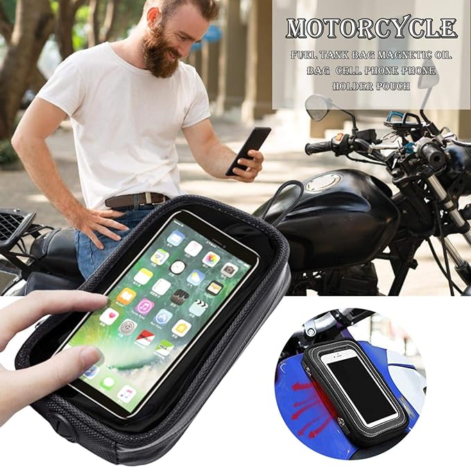 Motorcycle Tank Bag, Motorcycle Magnetic Phone Holder, Waterproof Fuel Tank Transparent Bag, Portable Phone Pouch Case with Headphone Jack, for Cellphone GPS 7.08X3.94X1.18inch