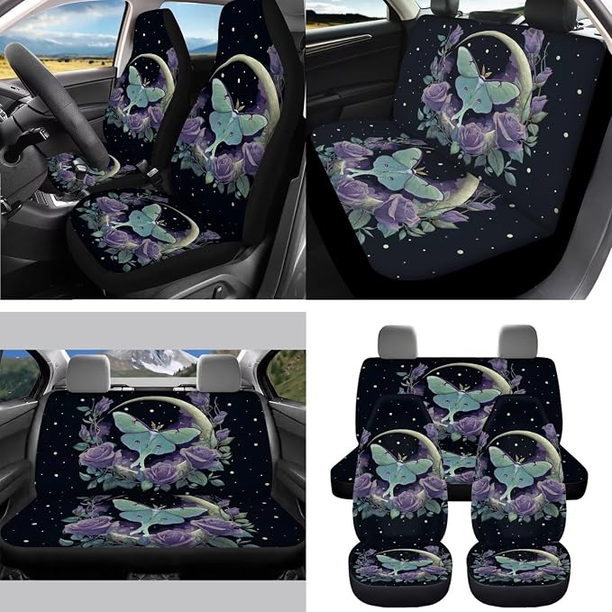 Moth Moon Car Seat Covers Full Set 15 Pcs Universal Car Accessories Steering Wheel Cover Seat Belt Pads Garbage Bag Car Headrest Pillow Covers Armrest Pad