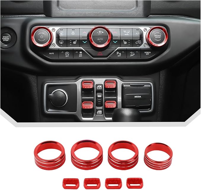for Jeep Wrangler JL & Gladiator JT Window Switch Button Knob Cover Trim Kit, Red Aluminum Interior Decoration Accessories (2018–2024 2025+)