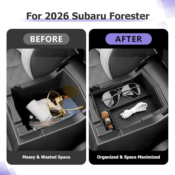LUWU 2-Pack Forester 2026 Center Console Organizer for 2026 Subaru Forester Accessories (Touring/Wilderness/Premium) Armrest Console Storage Box Insert Tray ABS Material Black Coin Container