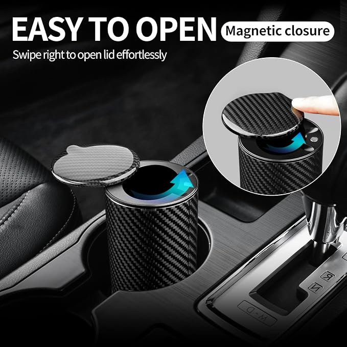 T-carbon Car Ashtray with Lid,Smokeless Ashtray for Cup Holder Smell Proof,Portable Ashtrays for Most Car, Office, Home,Glossy Black