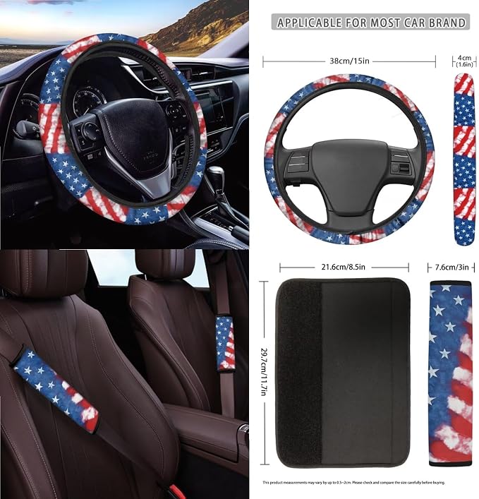 American Flag Pattern Car Accessories Set of 15, Full Set Seat Covers for Cars Steering Wheel Cover Seat Belt Cushion Car Trash Can Air Vent Storage Bag Cup Coasters Universal Fit