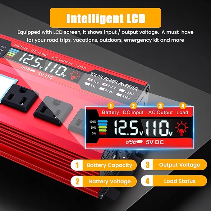 ALSO GO 1000W Power Inverter 12V DC Volt to 110V AC Car Inverter with LCD Screen Display, 3 AC Outlets, 4X 2.4A USB Port, Car Power Converter for Truck, Home, Vehicles, Laptop, Trip
